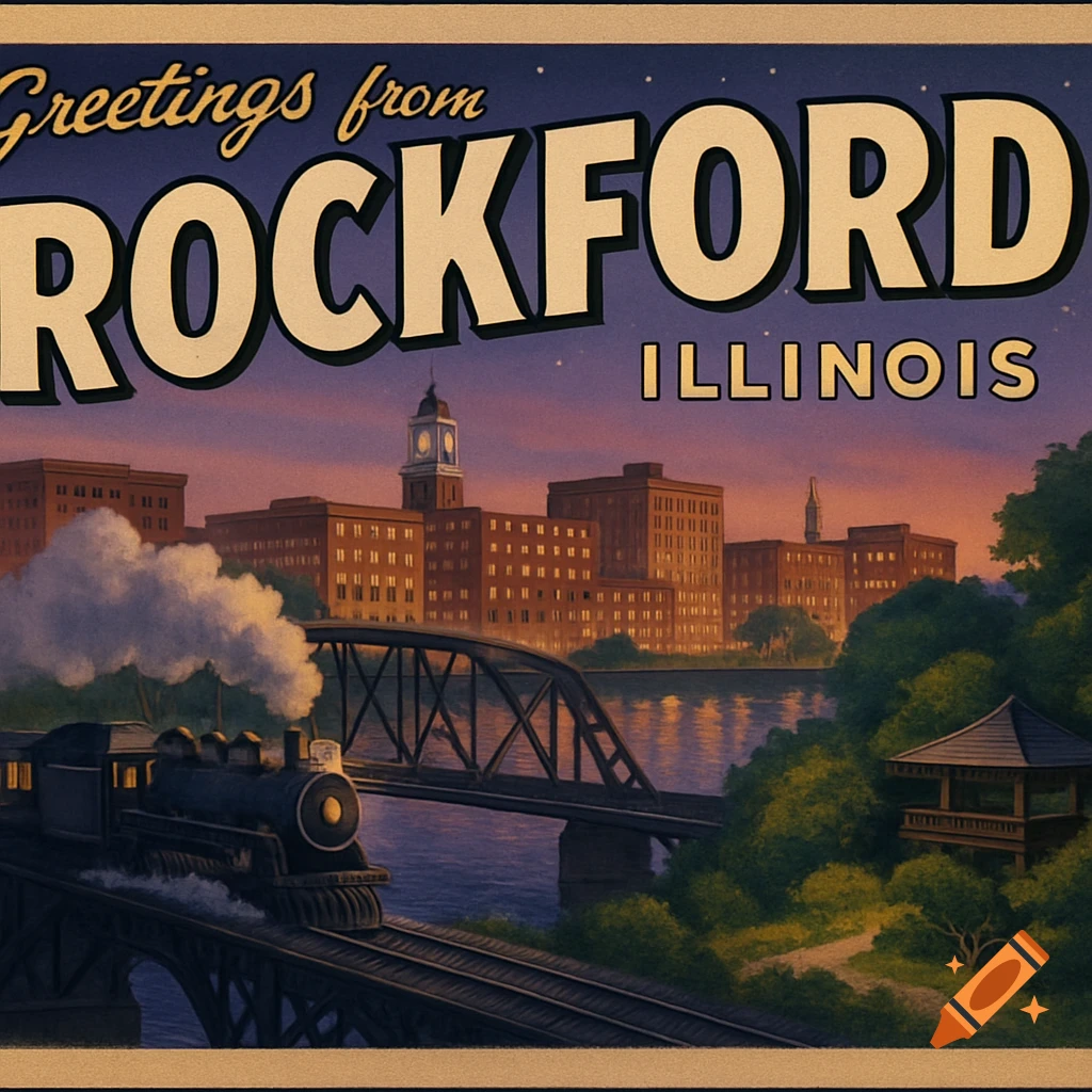 Vintage postcard illustration of a cityscape at dusk with a train crossing a bridge over a river, framed by the text "Greetings from ROCKFORD ILLINOIS."