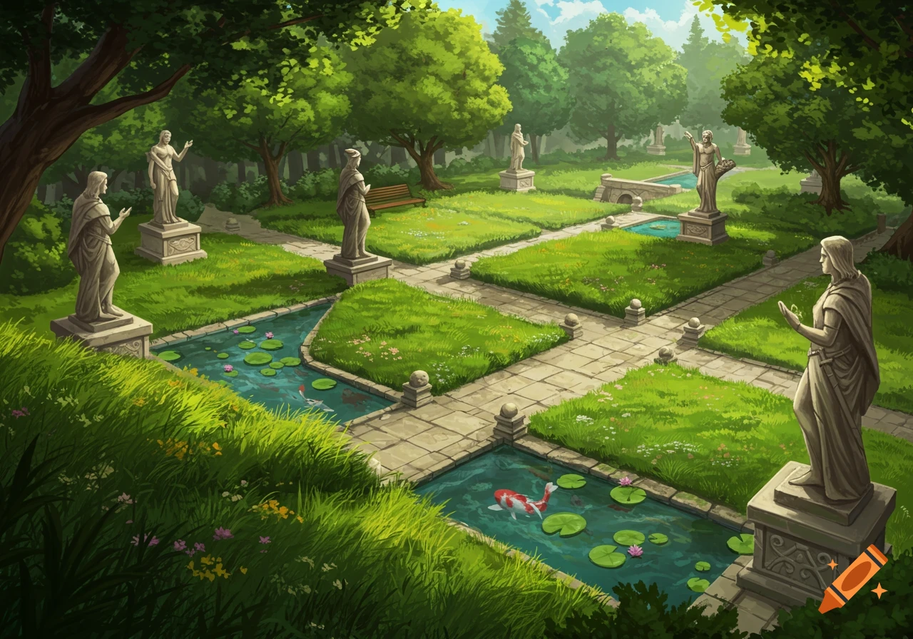 A lush, detailed fantasy park illustration with stone statues, paved paths, ponds with lily pads and koi fish, and dense green trees under a bright sky.