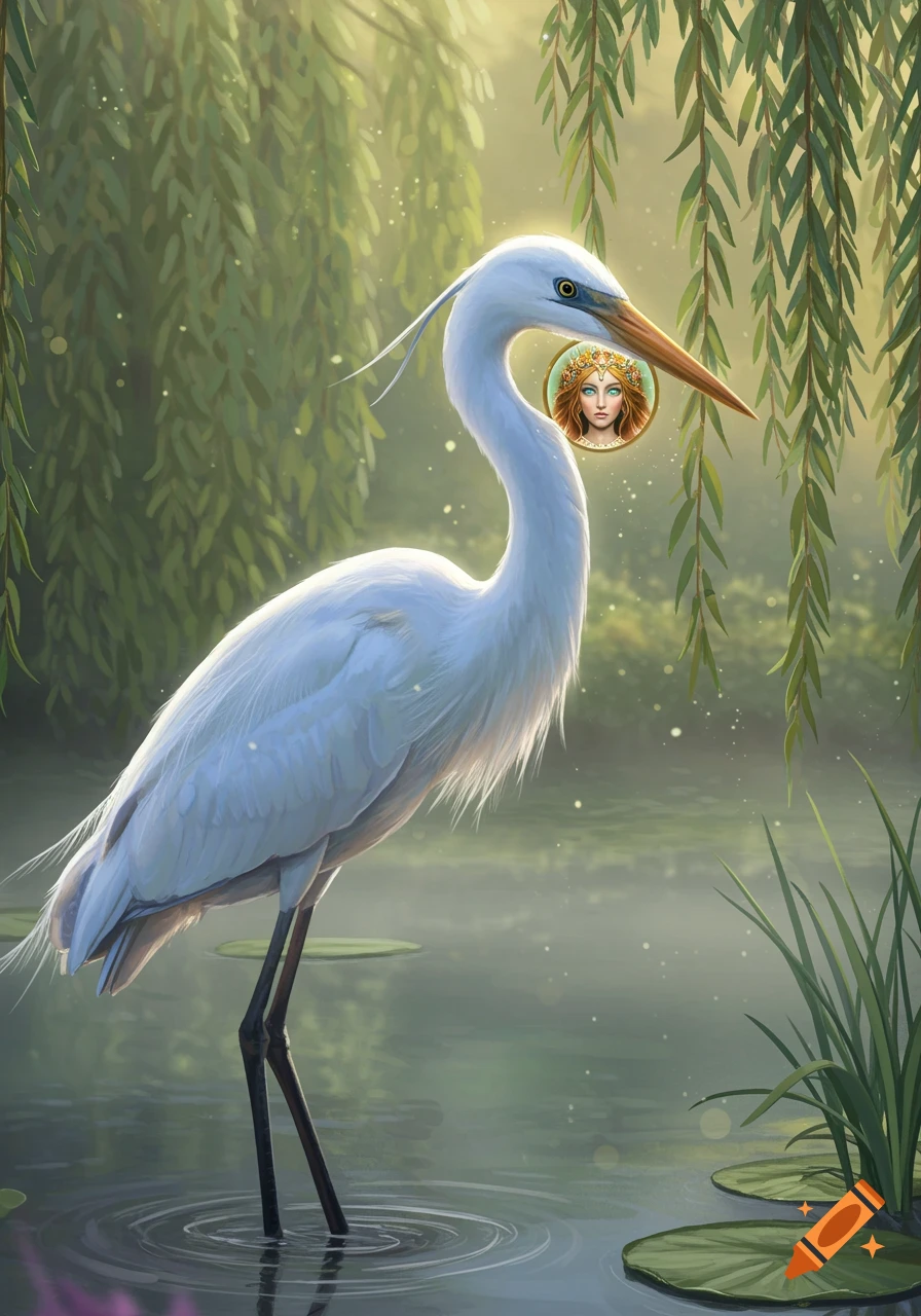 A digital painting of a white heron standing in a pond with a glowing portrait of a crowned queen on its neck.