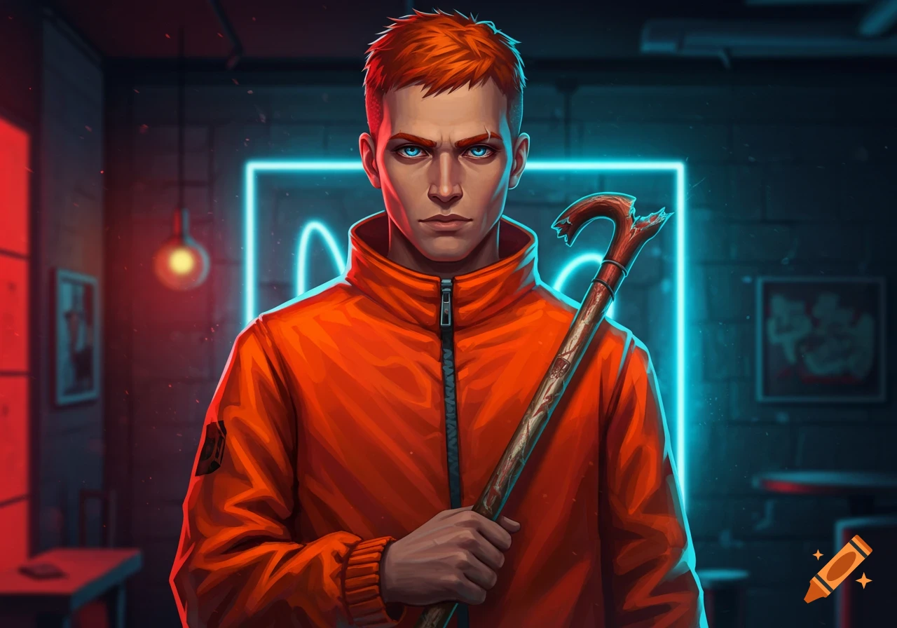 A serious red-haired man with glowing blue eyes in an orange jacket holds a broken wooden cane against a dark background with blue and red neon lights.
