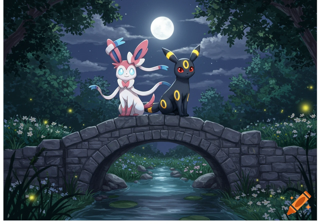 Sylveon and Umbreon sitting on a stone bridge over a stream in a moonlit forest with fireflies.