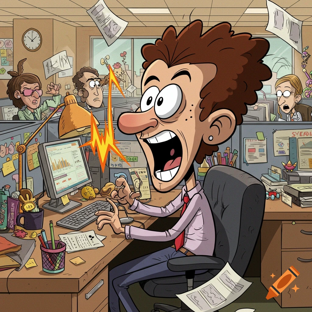 Cartoon of a man in an office cubicle screaming loudly at his computer, with papers flying around and coworkers reacting.