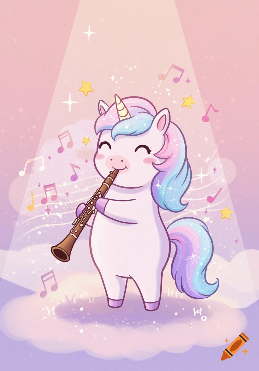 A cute cartoon unicorn with a rainbow mane plays a clarinet, surrounded by musical notes and stars on a pastel pink background.