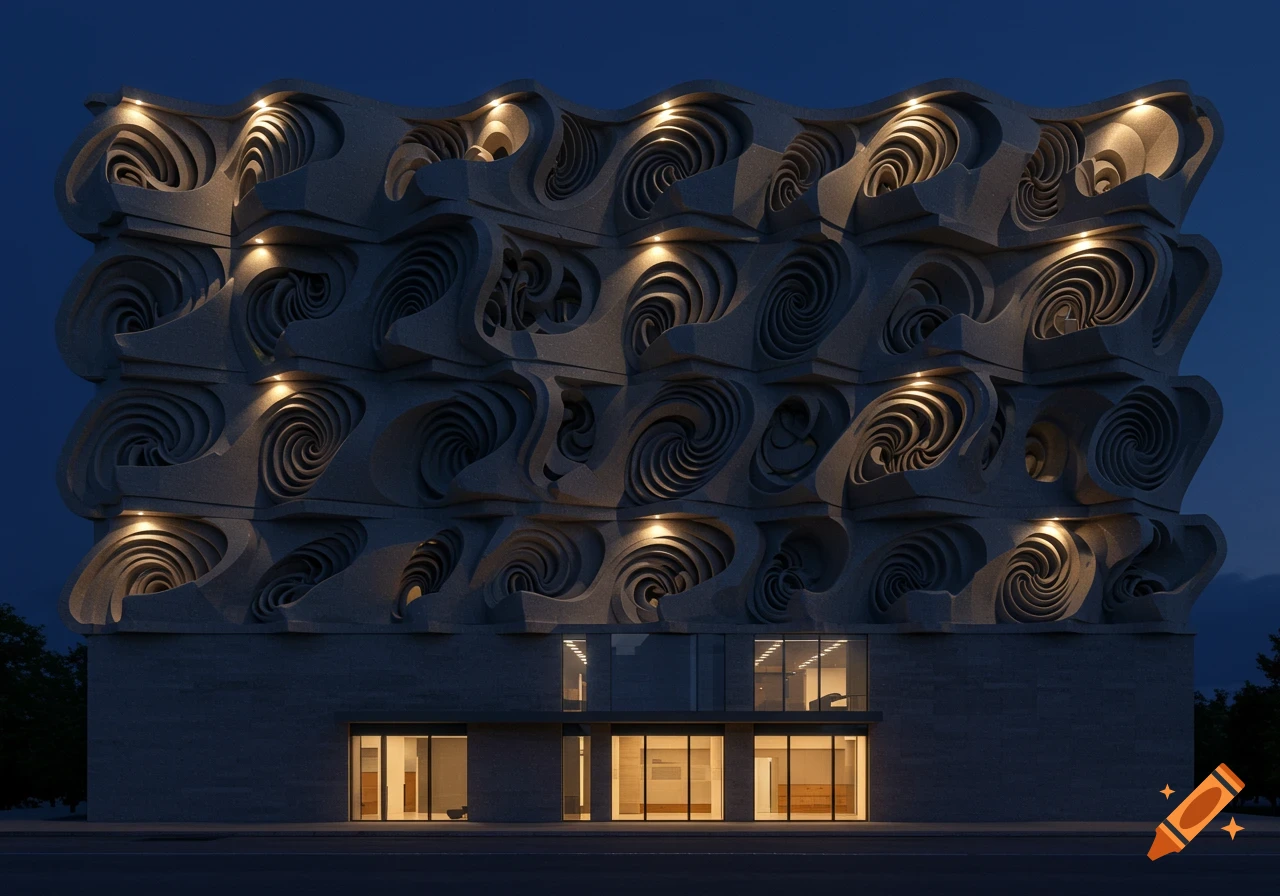 Modern building with a textured facade of repetitive swirling patterns, lit by spotlights against a dark blue night sky.
