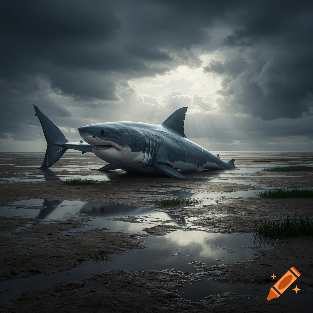 A large, photorealistic shark lies on a muddy, wet shore under a dramatic, stormy sky with light rays.