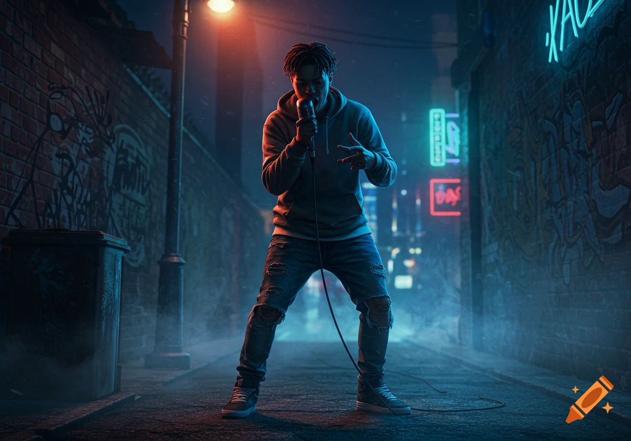 A young man sings into a microphone in a dark, misty alley, lit by a streetlamp and neon signs with graffiti.