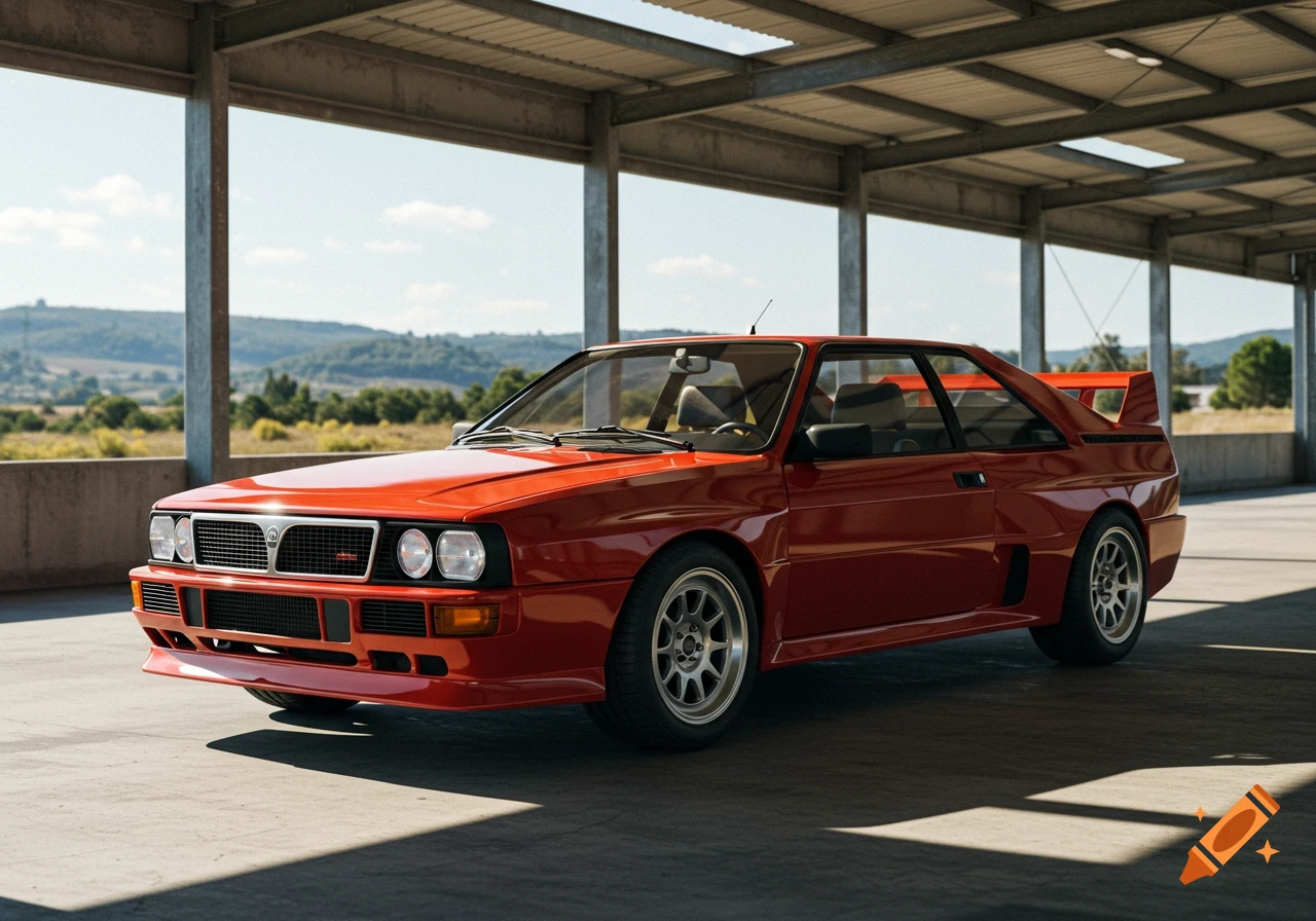 A red sports car, resembling a Lancia 037 or Audi Sport Quattro, is parked under a concrete structure on a sunny day.