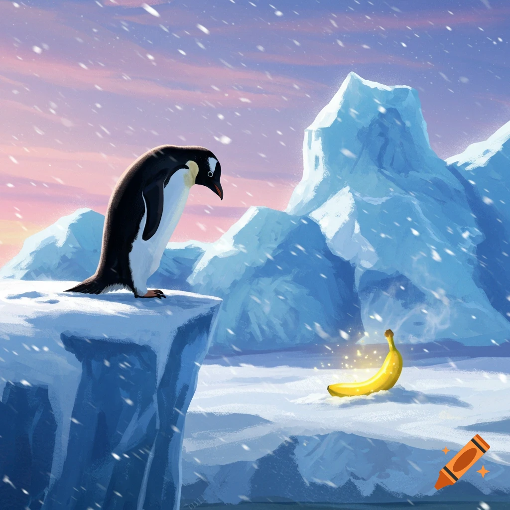 A penguin stands on an icy cliff, looking down at a glowing golden banana in a snowy landscape with icebergs and a pink sky.