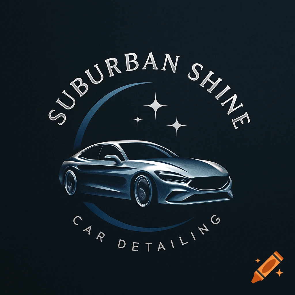 A modern logo for Suburban Shine Car Detailing, featuring a sleek silver car and three stars on a dark blue background with text.
