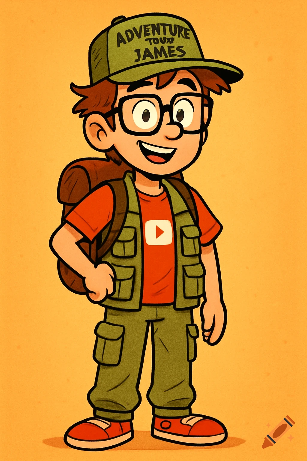 Smiling cartoon boy in glasses, green adventure hat, red shirt with YouTube logo, green vest, and brown backpack.