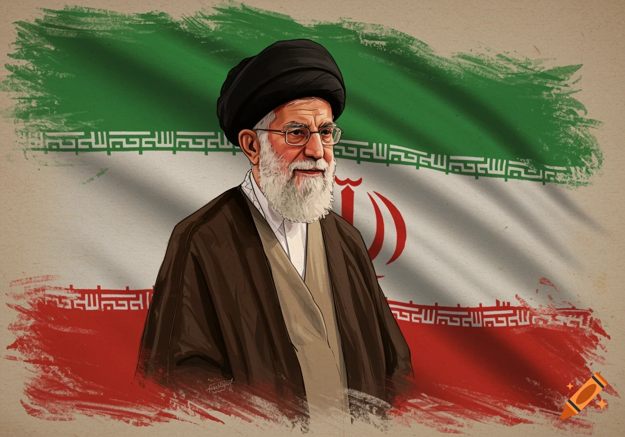Illustration of Ayatollah Ali Khamenei smiling against a textured Iranian flag background.