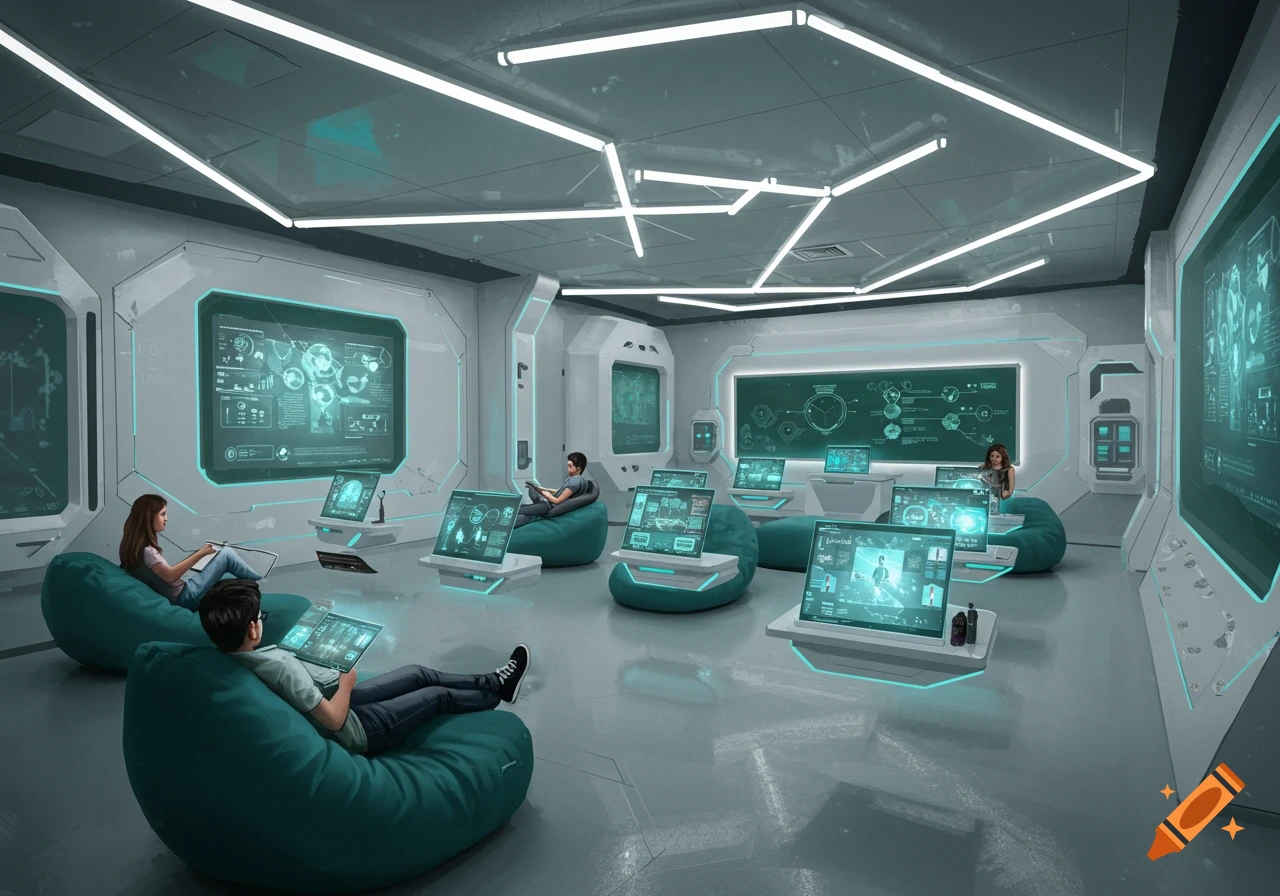 A futuristic classroom with students lounging on beanbag chairs using holographic tablets and large interactive displays.