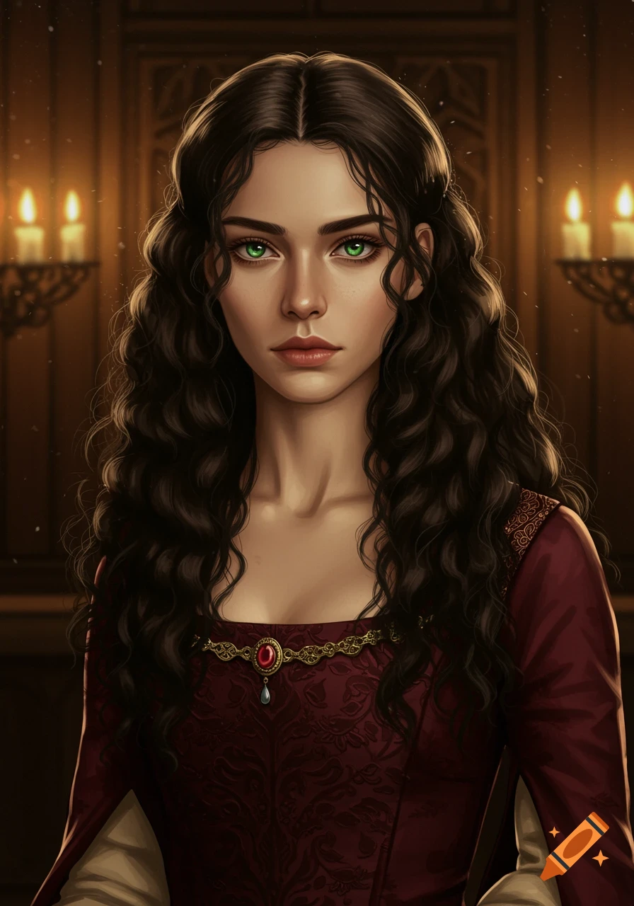 A portrait of a beautiful medieval lady with long dark curly hair and striking green eyes, wearing a red gown, in a candlelit room.