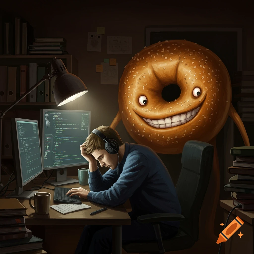 A tired software engineer works at a desk with two monitors while a large, creepy smiling bagel monster looms behind him in a dark room.