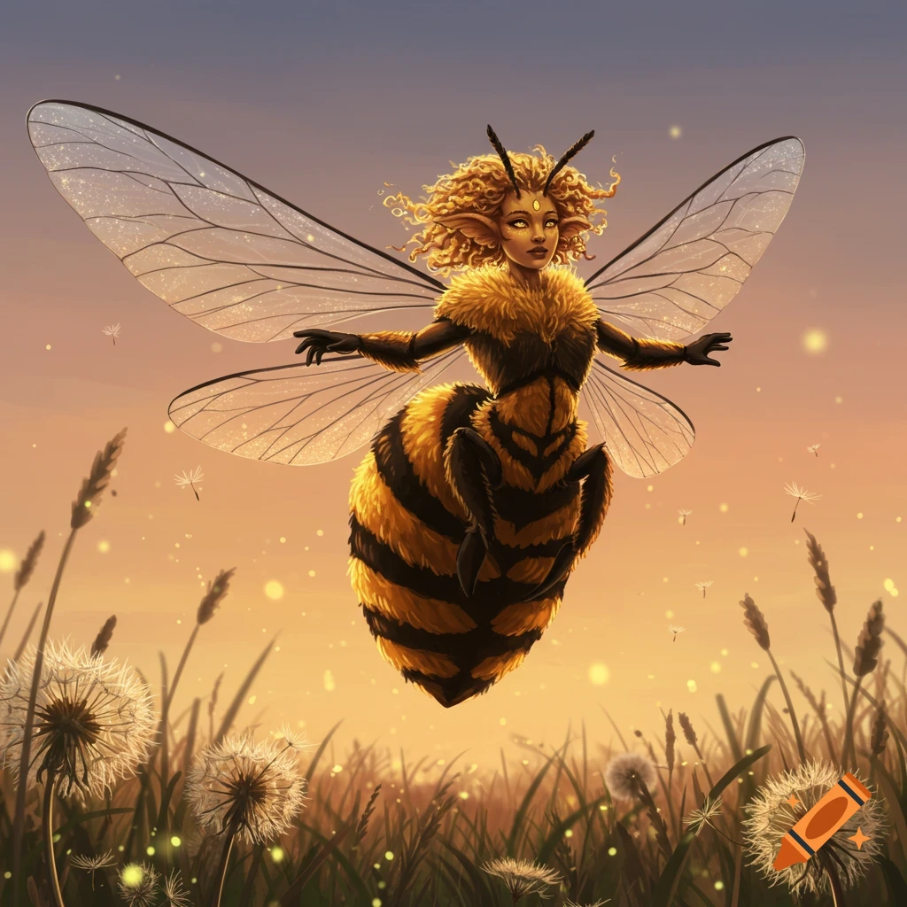 A fantasy illustration of a bee-human hybrid with translucent wings flying over a field of dandelions at sunset.