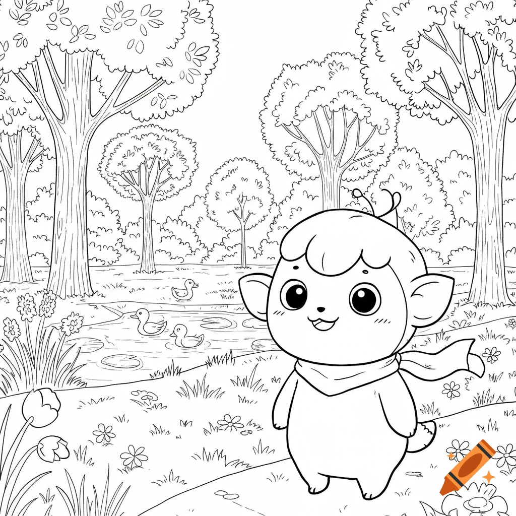A cute Labubu character wearing a scarf stands in a forest next to a pond with ducks, in a black and white coloring page style.