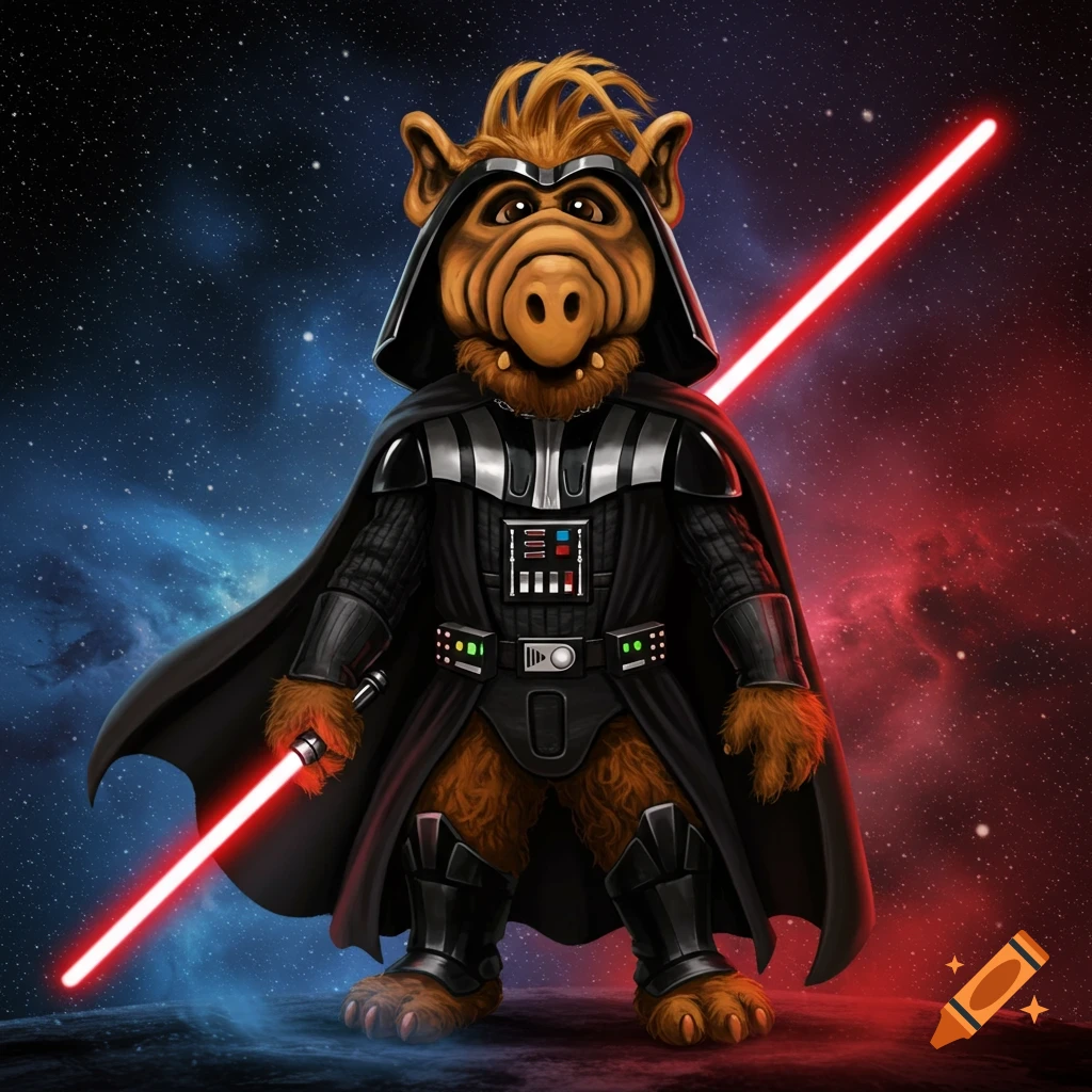 Alf dressed as Darth Vader stands with a red lightsaber against a blue and red starry galaxy background.