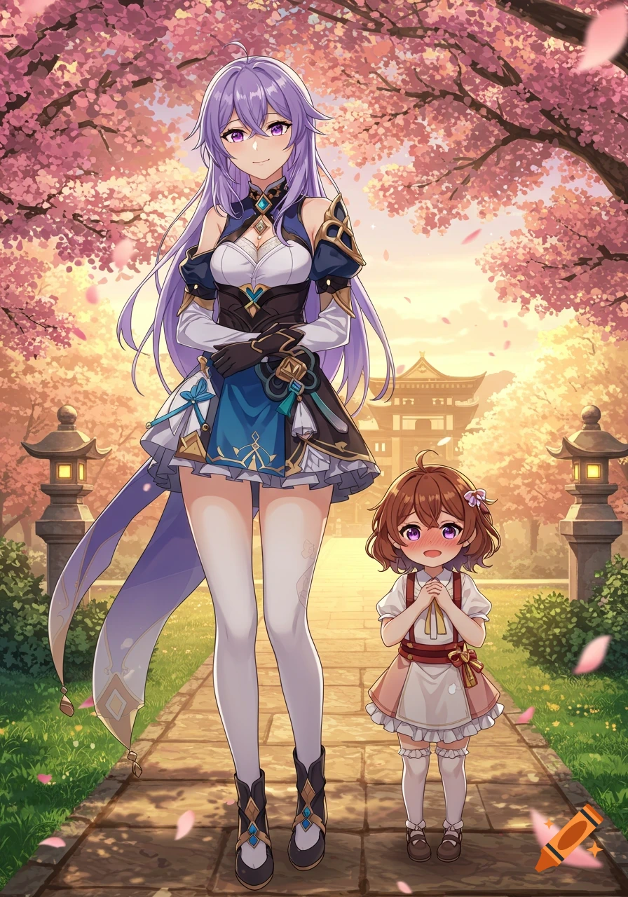 An anime girl with long purple hair and a blue dress stands on a path with a small girl in a pink dress, under cherry blossom trees.