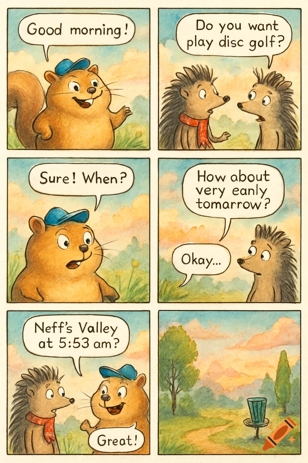 A six-panel comic strip shows a squirrel and hedgehogs planning to play disc golf early in the morning.