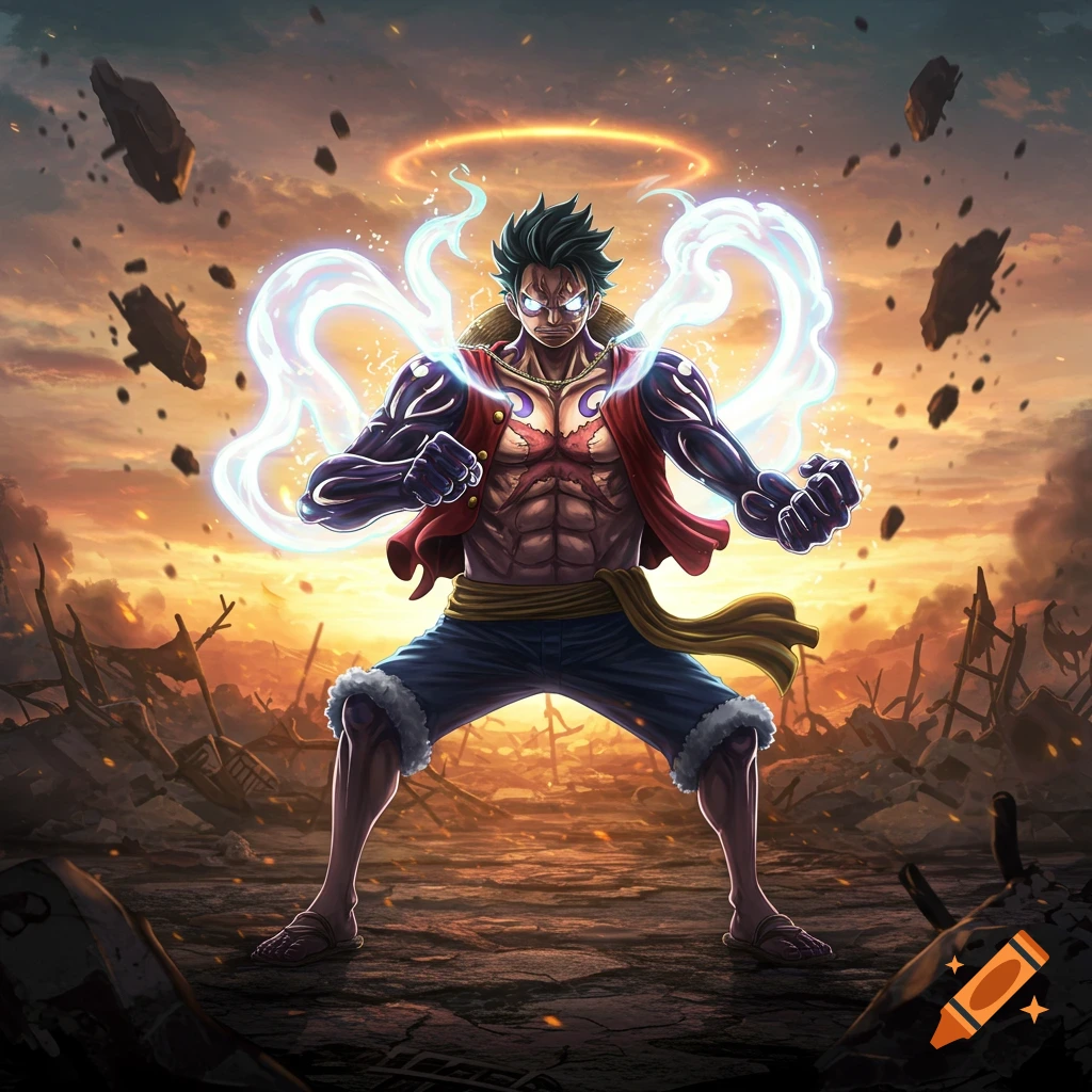 Luffy in Gear 5 form, glowing, standing powerfully amidst ruins under a dramatic sky.