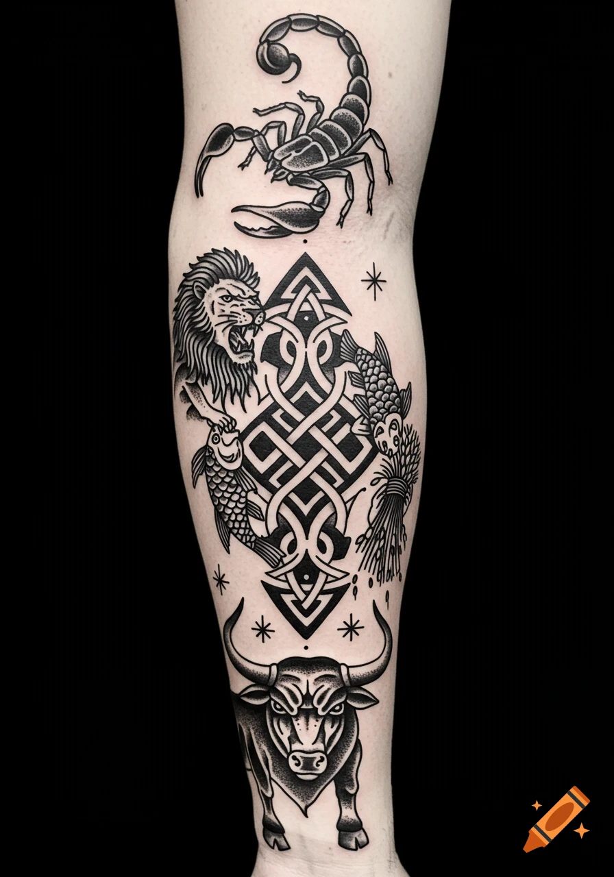 Blackwork tattoo sleeve featuring a scorpion, lion, fish, wheat, and bull connected by a Celtic knot.