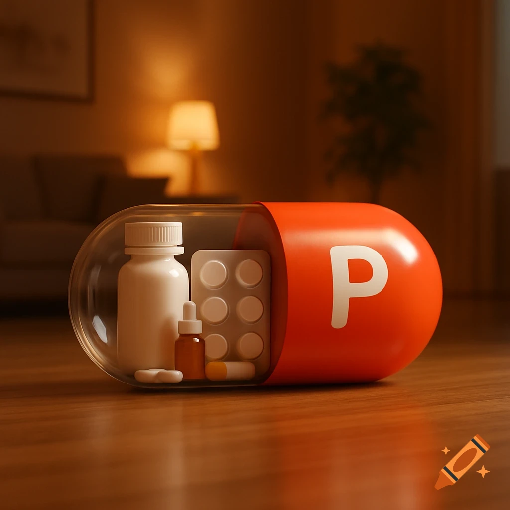 A large red and clear capsule pill on a wooden floor, containing small medicine bottles and blister packs, with a 'P' on the red half, in a softly lit room.