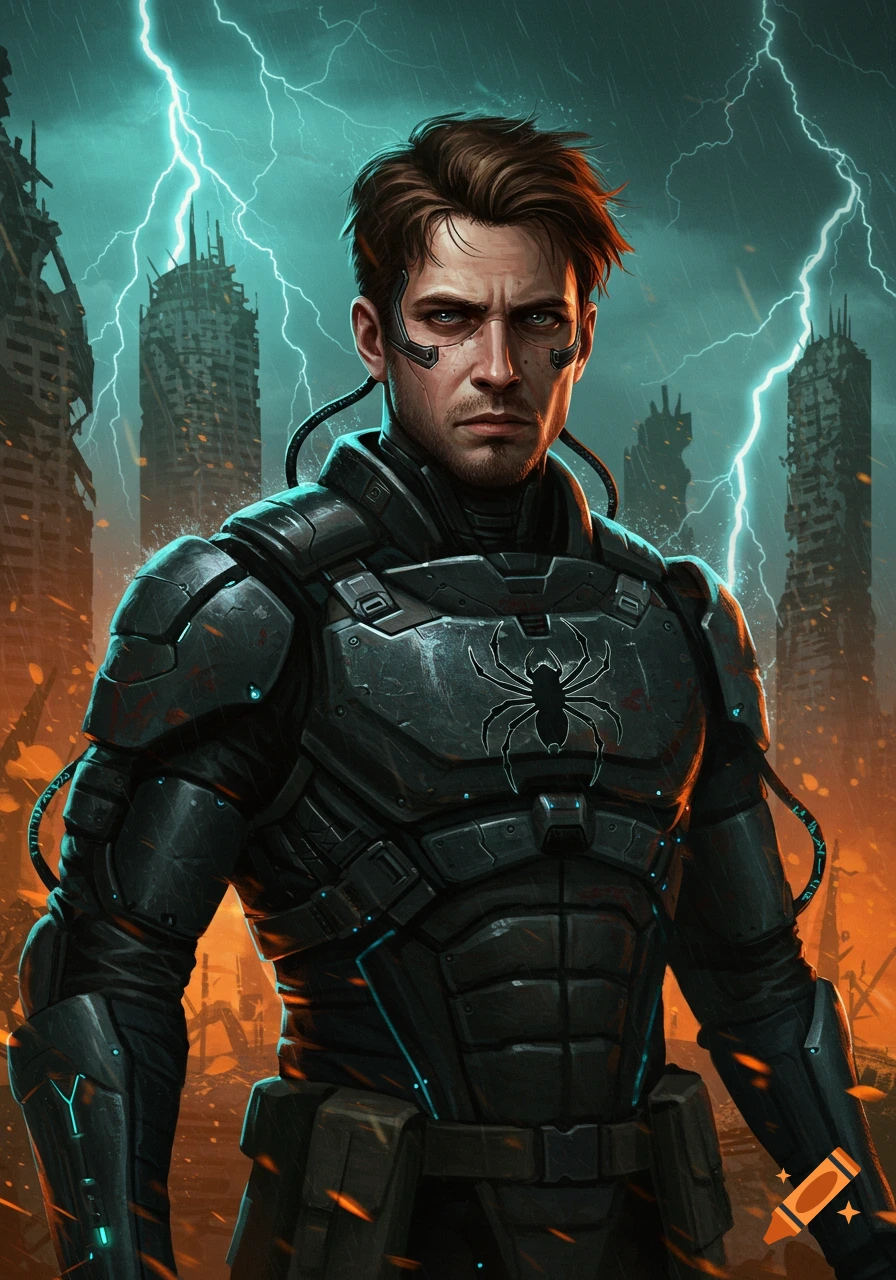 A man in a futuristic armored suit with a spider logo stands in a ruined city under a stormy sky with lightning.