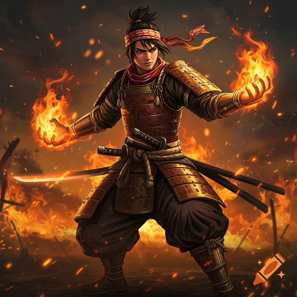 An anime samurai warrior in bronze armor stands amidst fire, wielding flames in his hands, with two swords at his hip.