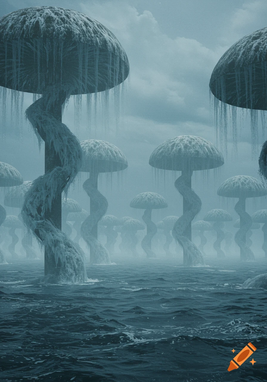 Large icy mushroom-like structures rise from a turbulent, misty ocean under a cloudy sky.