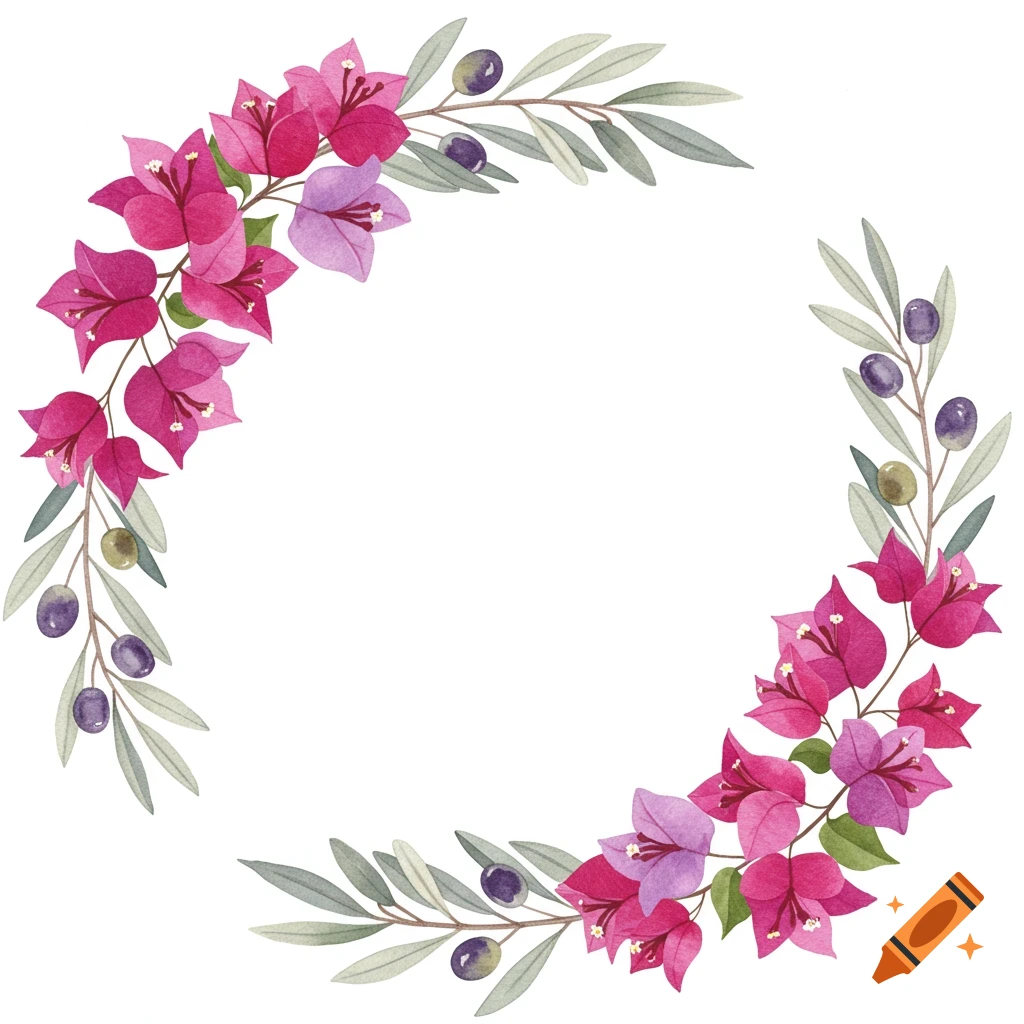 A watercolor border featuring vibrant pink and purple bougainvillea flowers intertwined with green olive branches and dark olives on a white background.