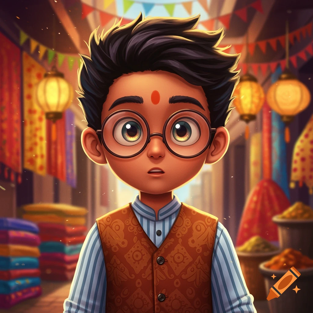 A vibrant anime-style illustration of an Indian boy with glasses and a bindi, in a bustling market.