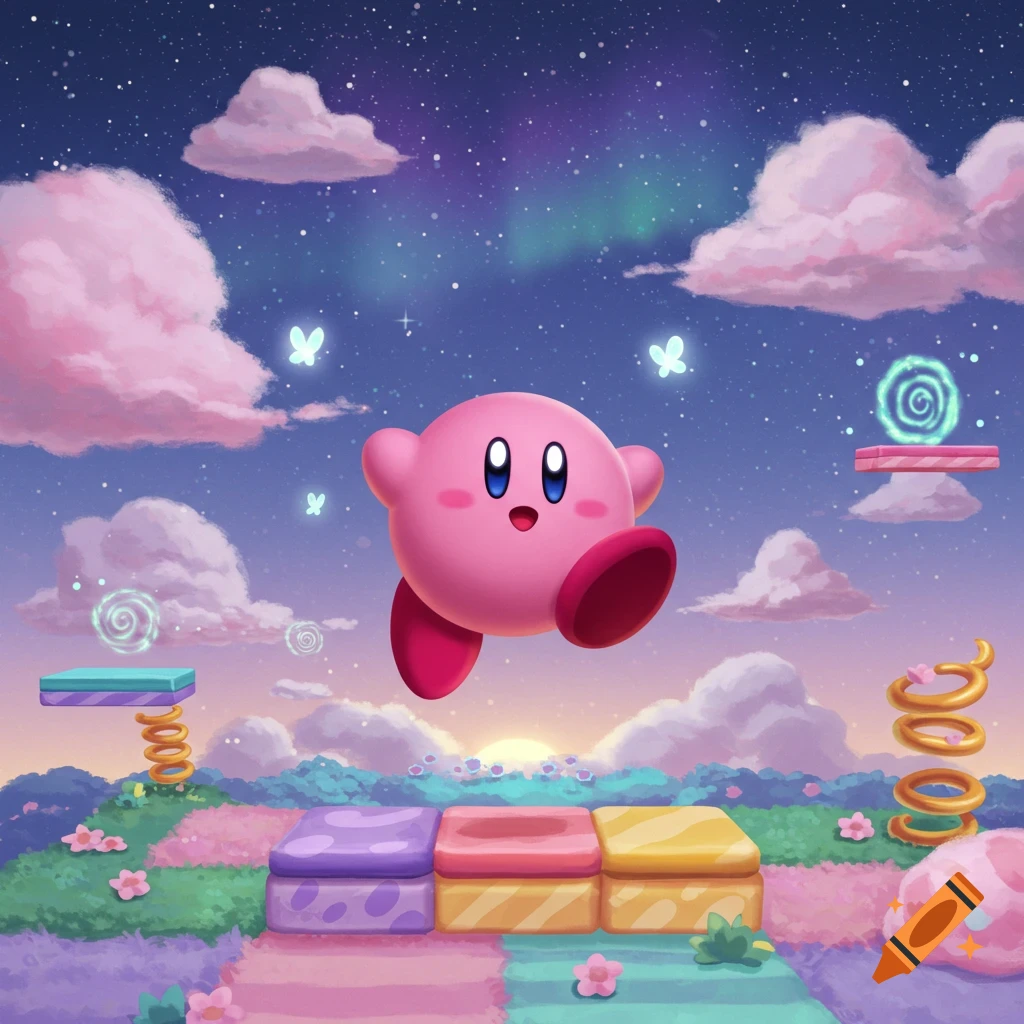 Kirby floats over colorful platforms and a fantastical landscape under a starry, cloudy sky with aurora borealis.