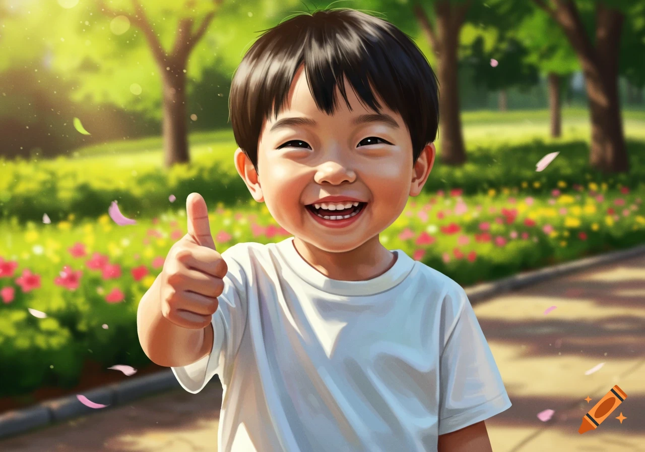 A happy illustrated Asian boy in a white t-shirt gives a thumbs-up in a sunny park filled with green trees and colorful flowers.