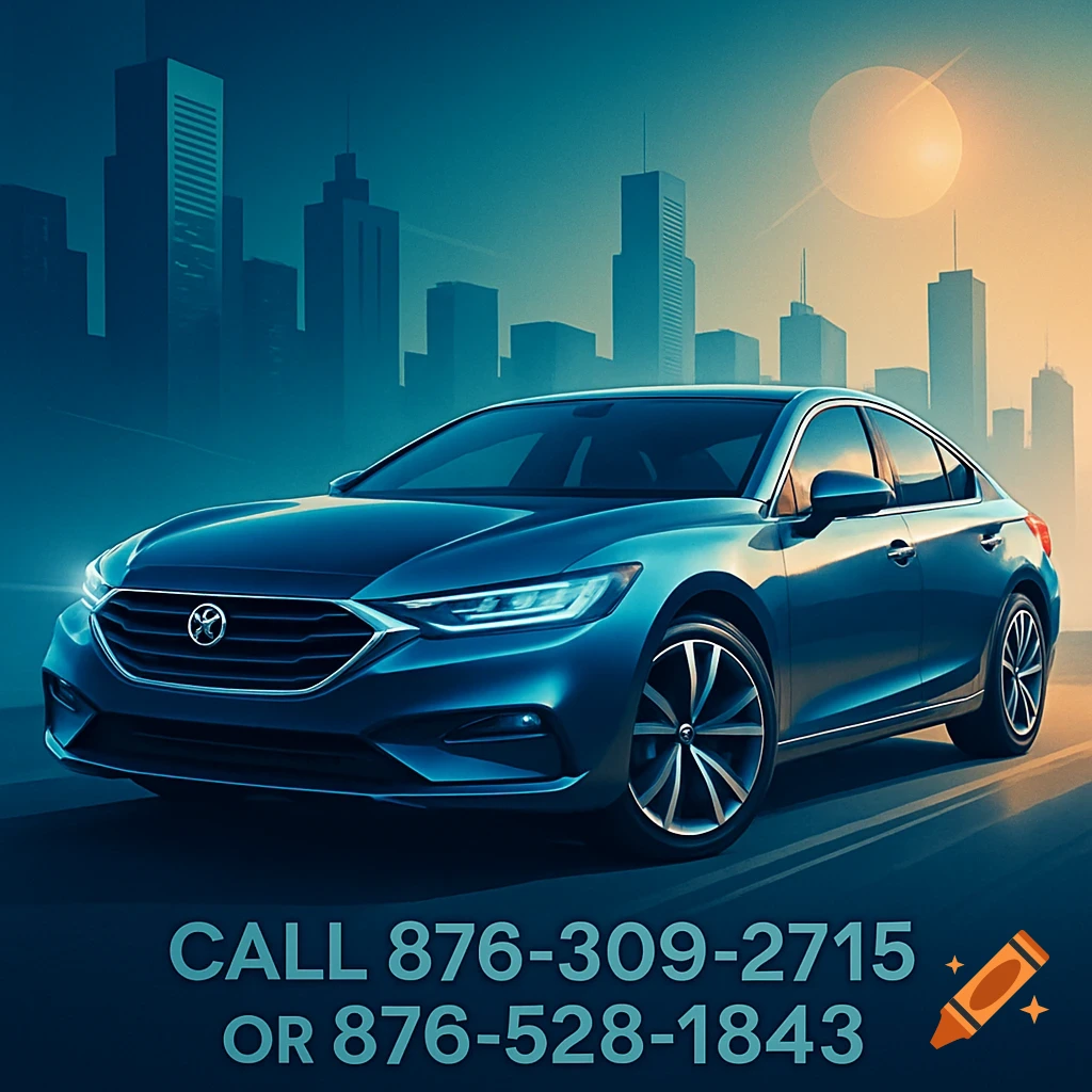 A photorealistic blue sedan car with city skyline at dusk, text 'CALL 876-309-2715 OR 876-528-1843'.