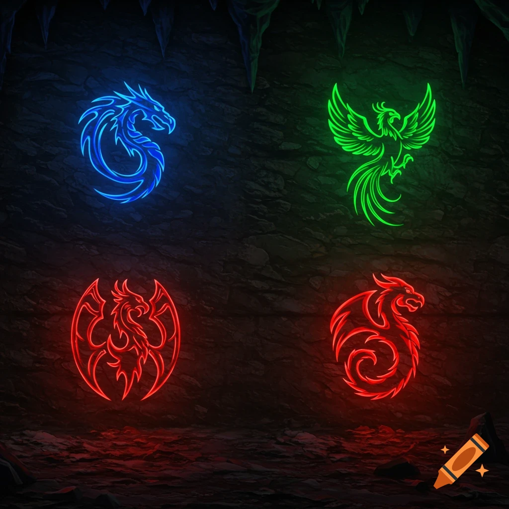 Four glowing neon symbols of mythical creatures, including a blue dragon, green phoenix, red phoenix-like bird, and red drake, on a dark cave wall.