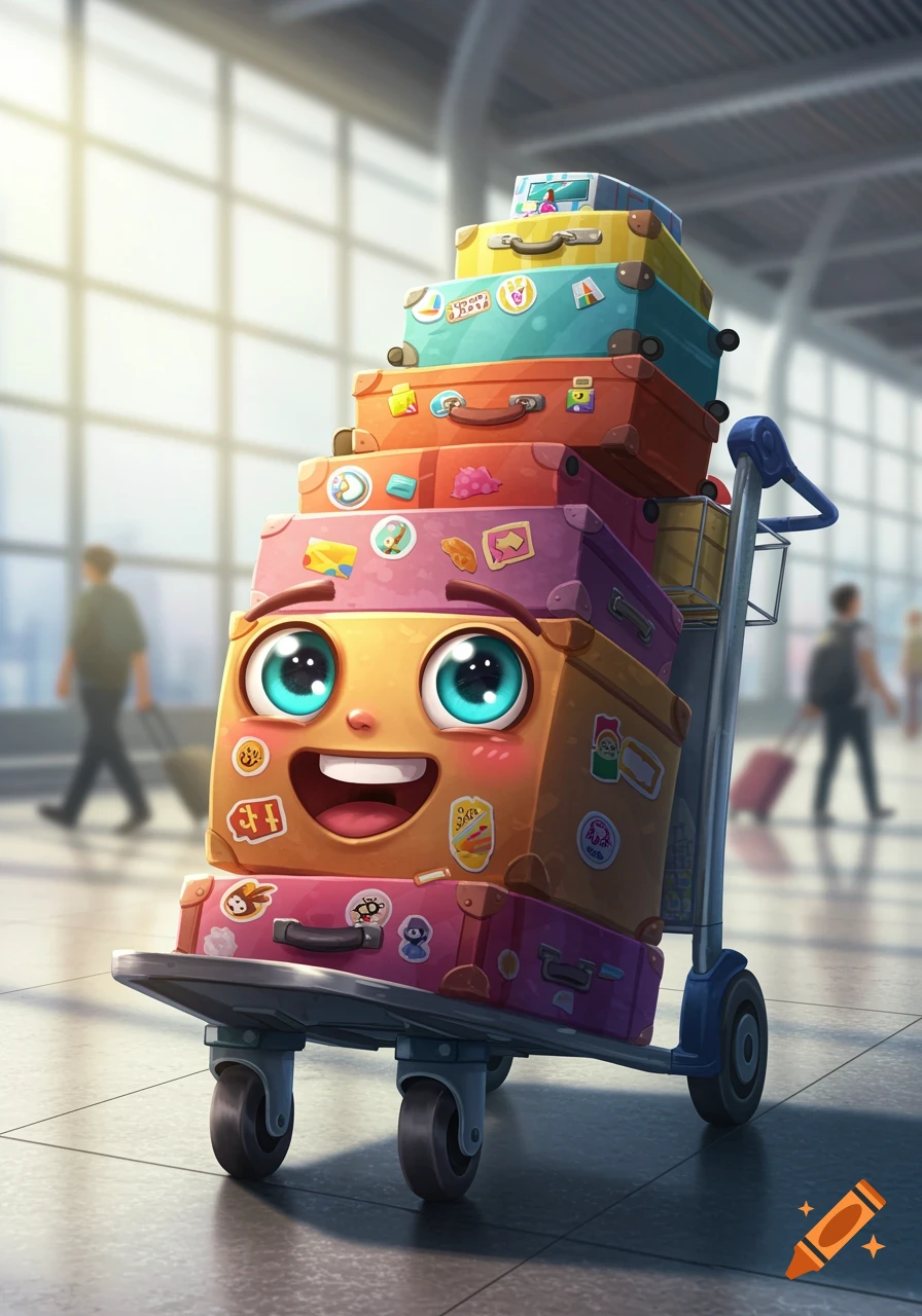 A stack of colorful, smiling suitcases on an airport baggage trolley, with big blue eyes and various travel stickers, in a bright cartoon style.