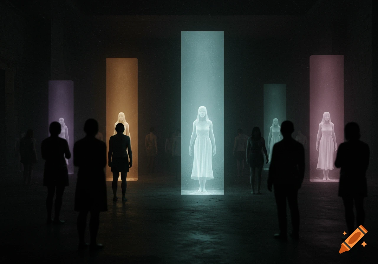 Silhouetted figures observe glowing, ethereal women standing in colorful vertical light beams within a dark, mysterious space.