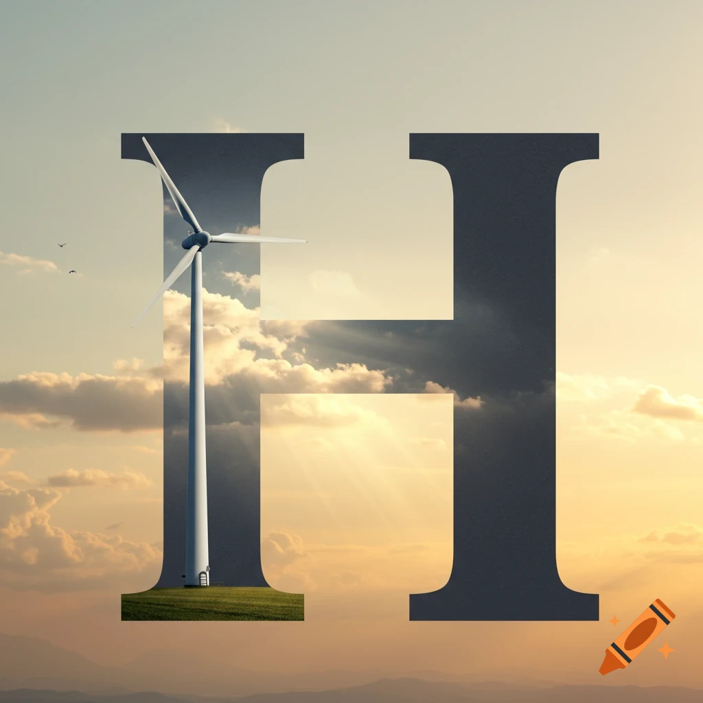 A large letter H, with a wind turbine, green grass, and clouds filling its left half, and a sunny sky filling its right.