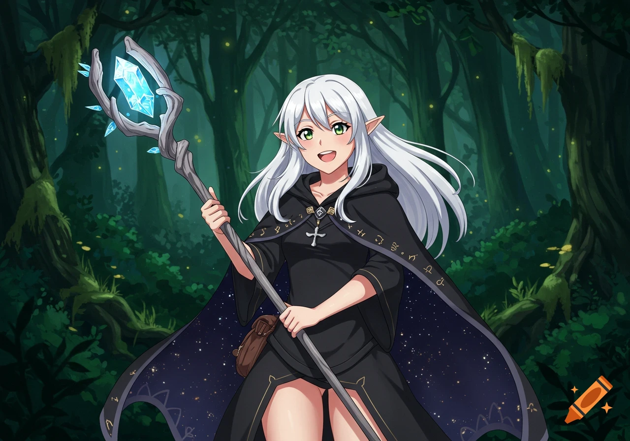 An anime elf girl with white hair and green eyes holds a glowing staff in a dark forest.