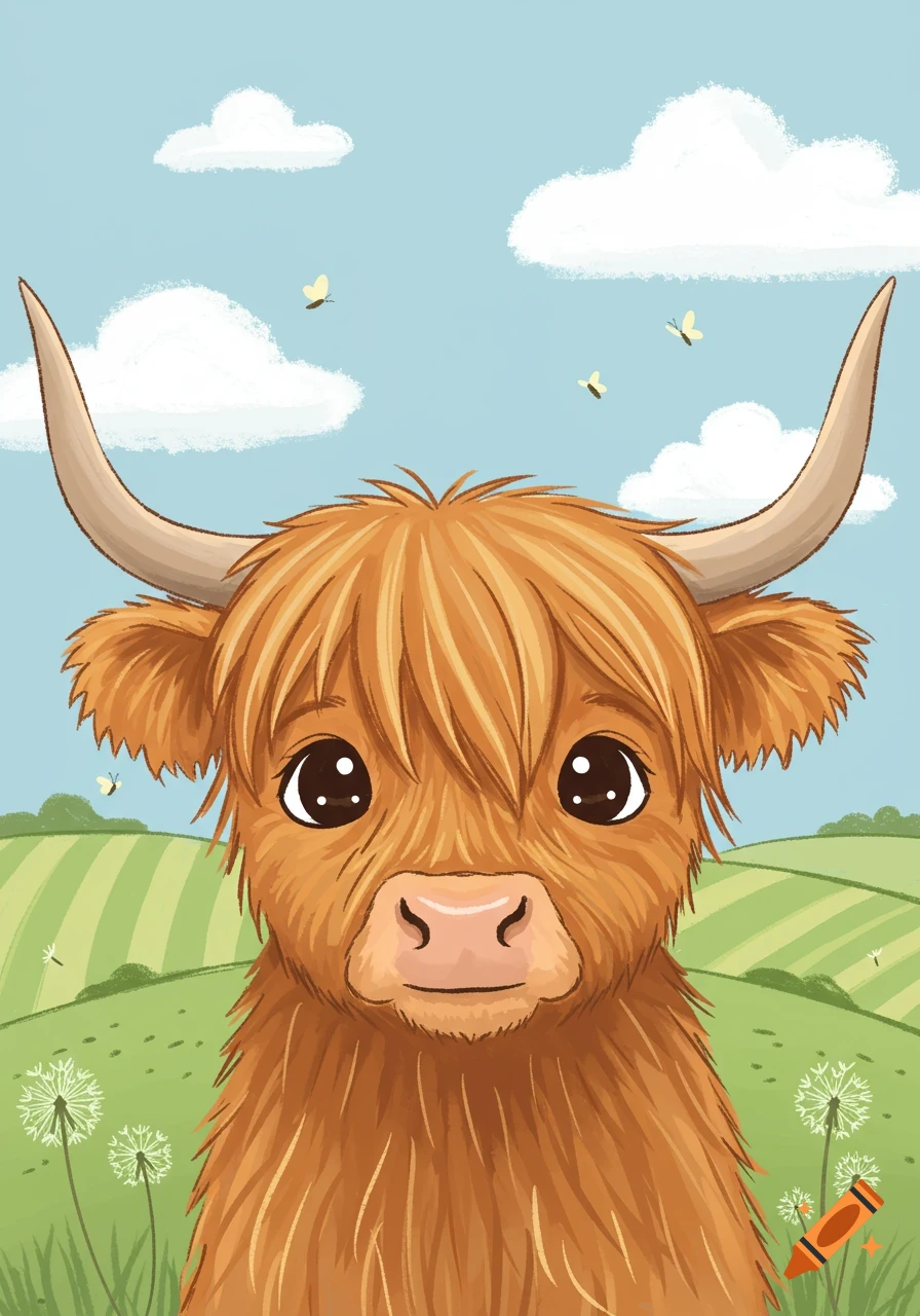 A childlike cartoon Highland cow with big eyes, in a field with dandelions and butterflies under a blue sky.
