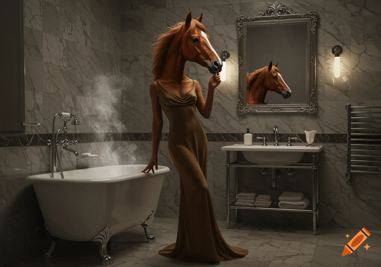 A woman with a horse head in a flowing dress stands in a luxurious marble bathroom with a steaming bathtub and an ornate mirror.