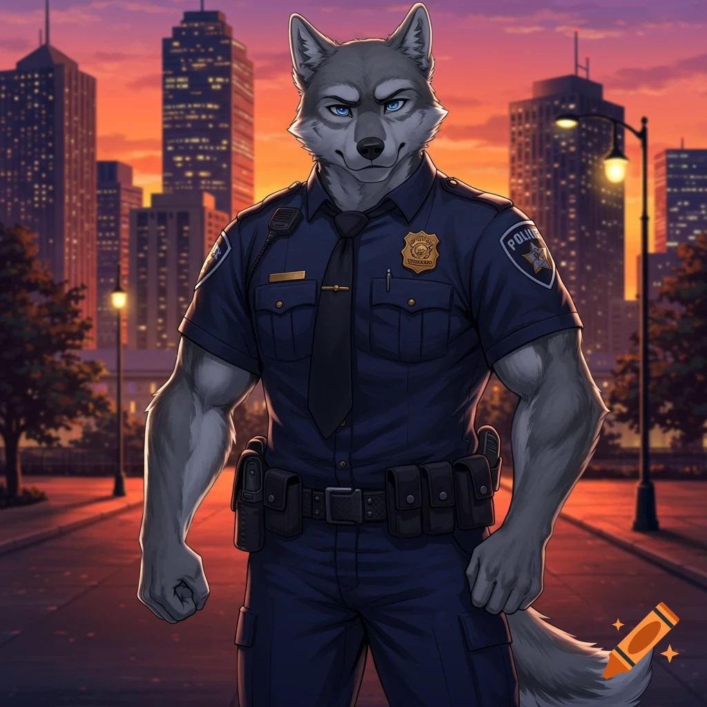 An anthropomorphic grey wolf police officer in a dark blue uniform stands on a city street at sunset.
