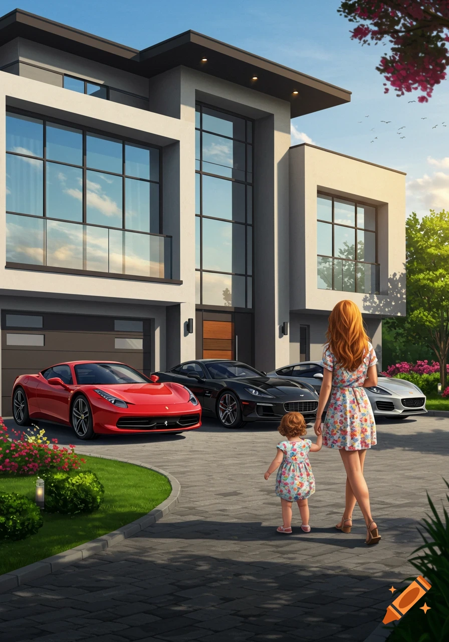 A woman holding a toddler's hand walks in front of a luxurious modern house with multiple sports cars parked in the driveway, photorealistic style.