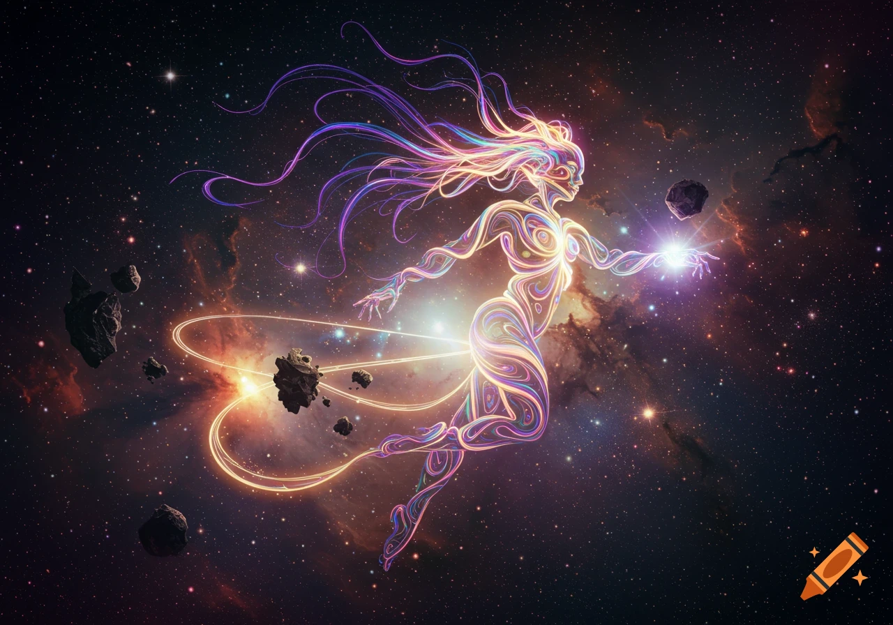 A vibrant, ethereal glowing humanoid figure composed of swirling light floats through deep space surrounded by stars and asteroids.