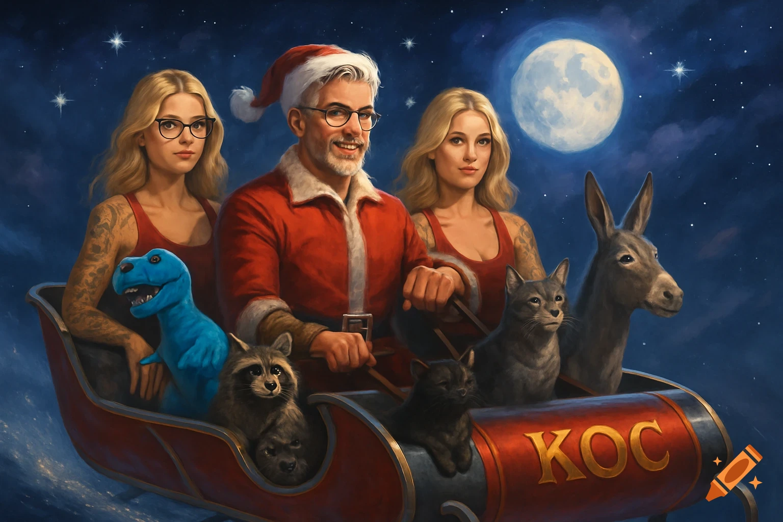 Santa Claus, two blonde women, and various animals fly in a sleigh under a starry night sky with a full moon, depicted in a digital painting style.