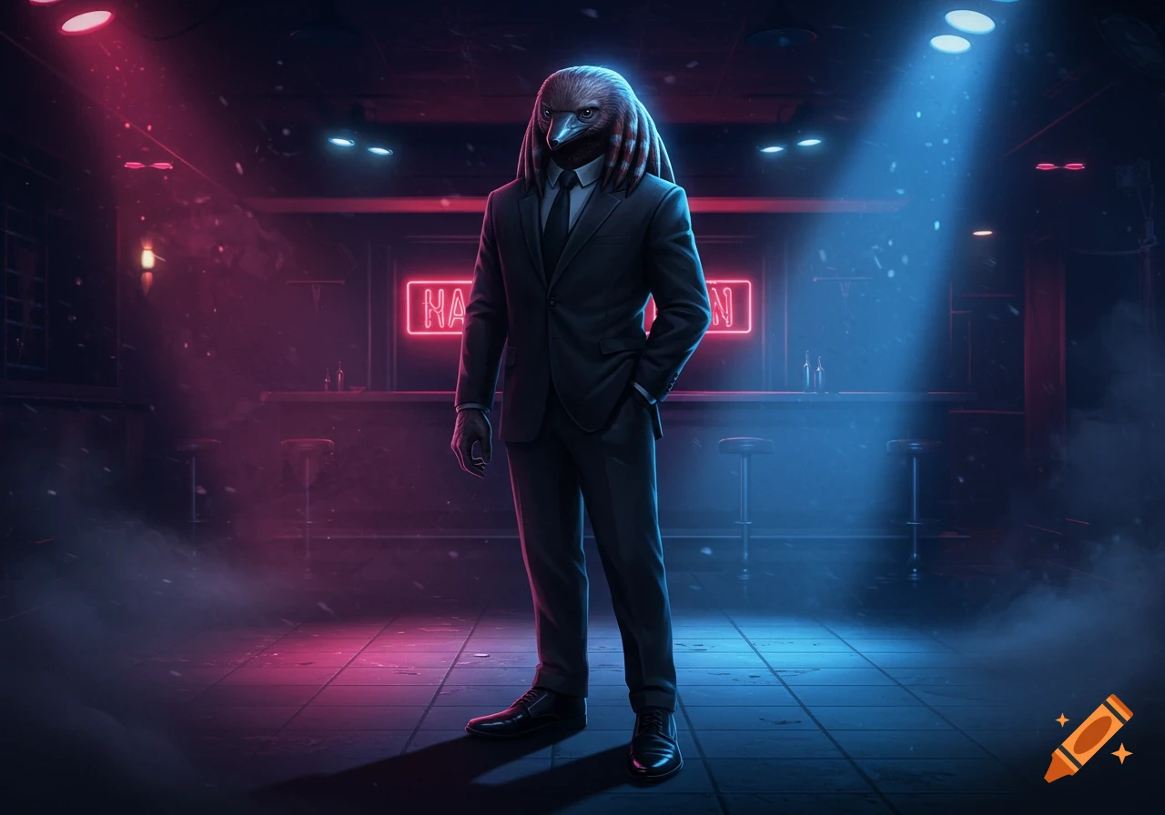 A humanoid echidna in a black suit stands in a dimly lit club with blue and red neon lights.