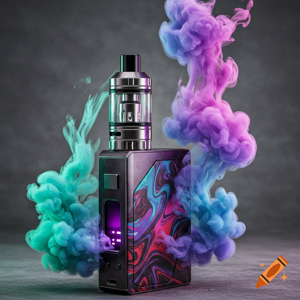 A sleek black vape device with a colorful abstract design on its side, surrounded by vibrant teal, purple, and blue smoke against a dark background.