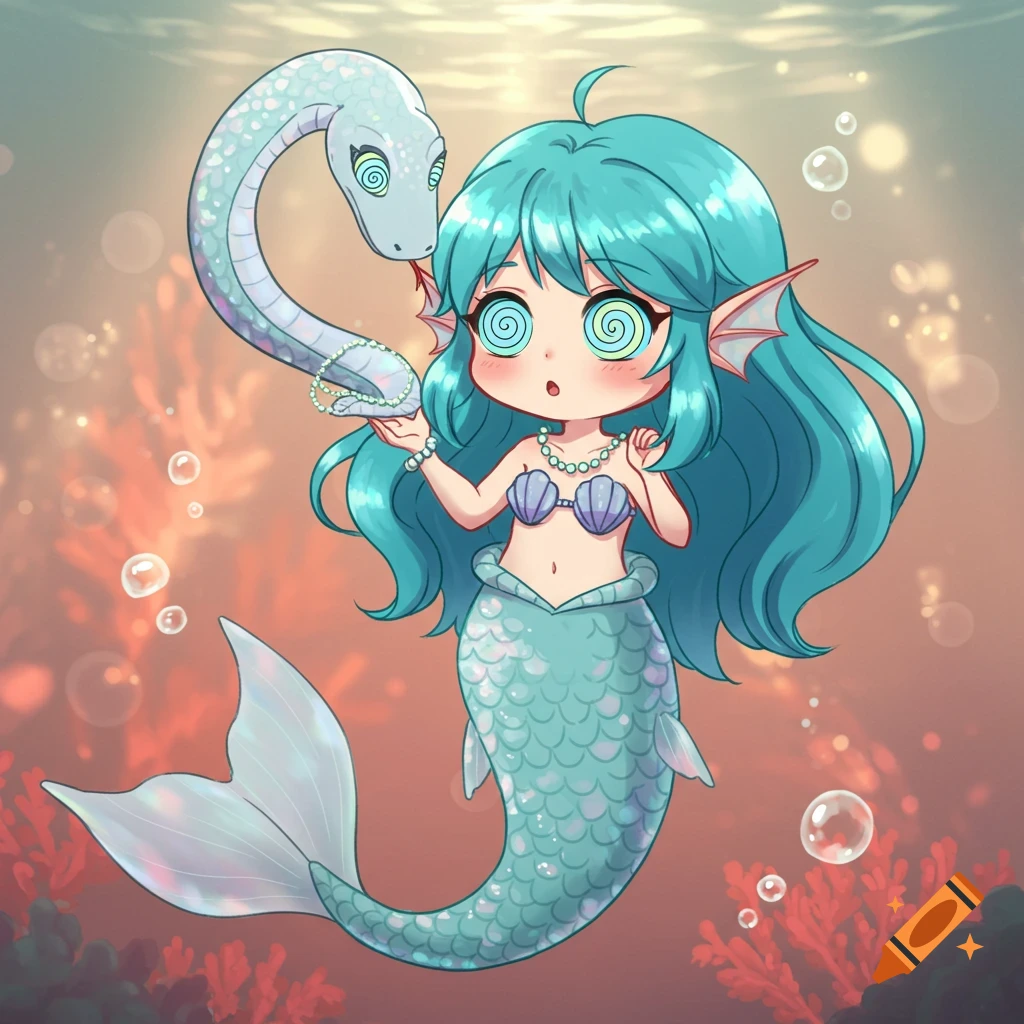 Chibi mermaid with blue hair and spiral eyes, holding a shell as a light blue, spiral-eyed snake wraps around her underwater.