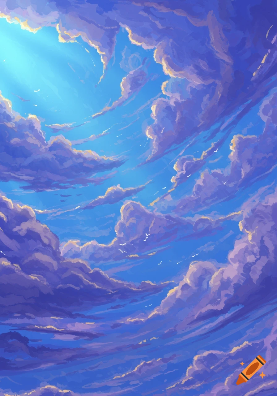 An artistic view of a vibrant blue sky filled with large purple and violet clouds, with sunbeams breaking through and small white birds flying.