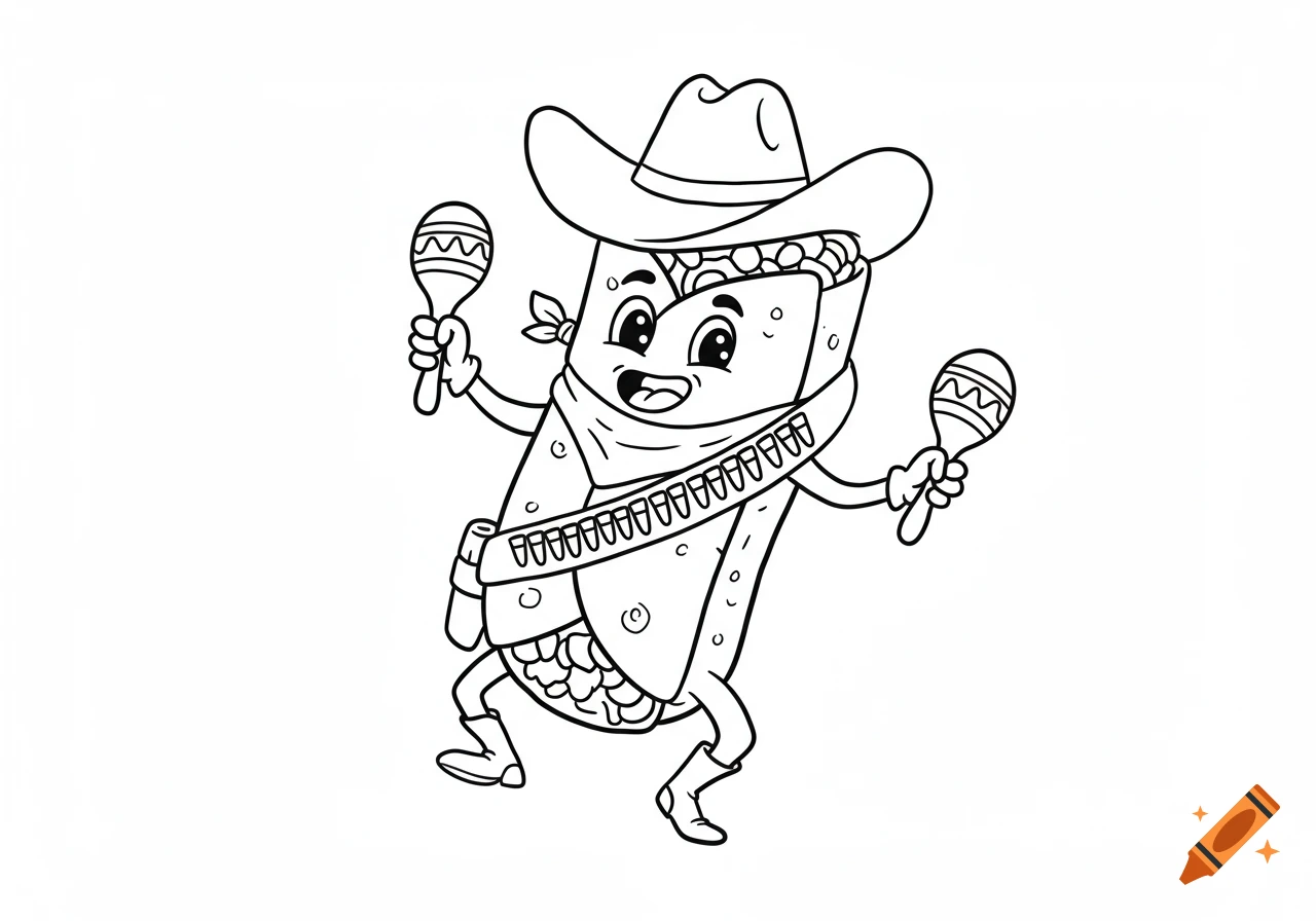 Black and white coloring page of a cartoon burrito character wearing a cowboy hat and bandolier, dancing with maracas.